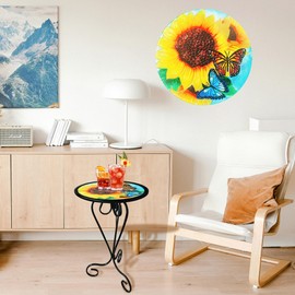 Manortang 12 Inch Outdoor Side Table, Round Patio Accent Indoor End Table with Glass Top & Metal Base for Living Room, Office, Balcony, Sunflower Butterfly Indoor Furniture Decor(20" Height)