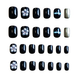 Press on Nails Short Length Cat Eye False Nails Pearl Flower Design French Fake Nails Elegant Square Nails 24Pcs Full Cover Glossy Reusable Coffin Nails Glue on Nails for Women