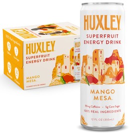 Huxley Superfruit Energy Drink, Mango, 90mg Natural Caffeine, Electrolytes for Hydration, 100% Real Ingredients, 5g Organic Cane Sugar, No Artificial Sweeteners or Flavors, L-theanine for Sustained Energy, Better For You, 12 oz (Pack of 12)