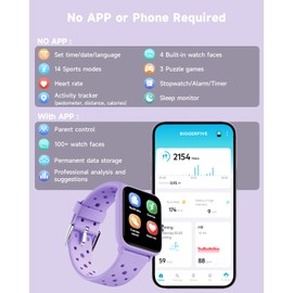 BIGGERFIVE Smart Watch for Kids without APP, Fitness Tracker Watch Pedometer, Heart Rate, 5ATM Waterproof, Sleep Monitor, Calorie Step Counter, Games, Vibrate Alarm Clock for Girls 5-14, Porous Lilac