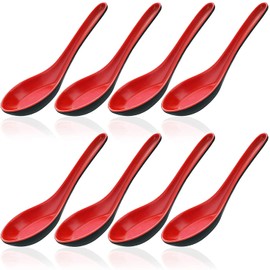LATRAT 8 Pcs Chinese Won Ton Soup Spoons Plastic Asian Style Red and Black
