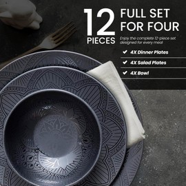 bzyoo 12 Piece Melamine Dinnerware Set - Durable, Dishwasher Safe Blue Plates and Bowls - Ideals for Casual Dining, Parties, Camping Dish Set La La Mandala Ombre Blue