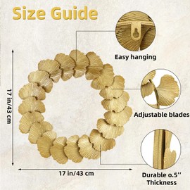 JUMBO DECOR Gold Metal Wreath Wall Decor, 17.5'' Large Round Artificial Wreath for Front Door, Gold Foil Ginkgo Leaf Design Door Wreath for Christmas, Window, Wedding, Party Decoration