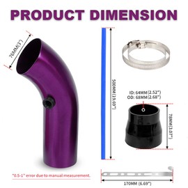 BARTOO 3 Inch Cold Air Intake Filter Pipe Curve Pipe, Aluminum Air Intake Elbow for Car Truck Turbo Piping, Purple