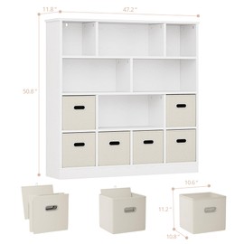 IRONCK Toy Storage Organizer with 6 Bins, Wooden 3-Tier Floor Standing Open Bookshelf Storage Cubby, 12-Cube Storage Shelf Bookcase, Kids Bookshelf and Toy Storage, White