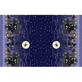 Lewis & Irene Haunted House Haunted House Double Border Print Glow in The Dark Spooky Blue Fabric by The Yard