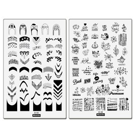 2pcs French Rectangle Nail Stamping Plates English Letter Flowers Image Painting Nail Art Stencils Heel Bow Lollipop Pattern Manicure Template 9.5x14.5CM Nail Stamp Tools (D-03 and D-05)