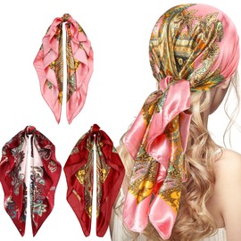 Ceeyoll Pack of 3 headscarf silk scarf for women, faux flower bandana, smooth silk scarf, soft square silk scarf, for elegant scarf, women's satin headband, girls hijab hair accessories., Pink, red