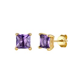 KeyStyle Amethyst Birthstone Earrings for Women,Hypoallergenic Square Stud Earrings with 925 Sterling Silver Posts & Push Backs,Small Dainty Cubic Zirconia Stud Earrings 6mm Birthday Jewelry