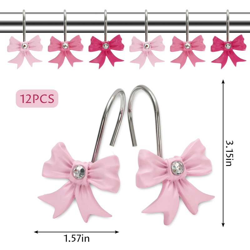 JarThenaAMCS 12Pcs Pink Bow Shower Curtain Hooks Cute Bow Knot