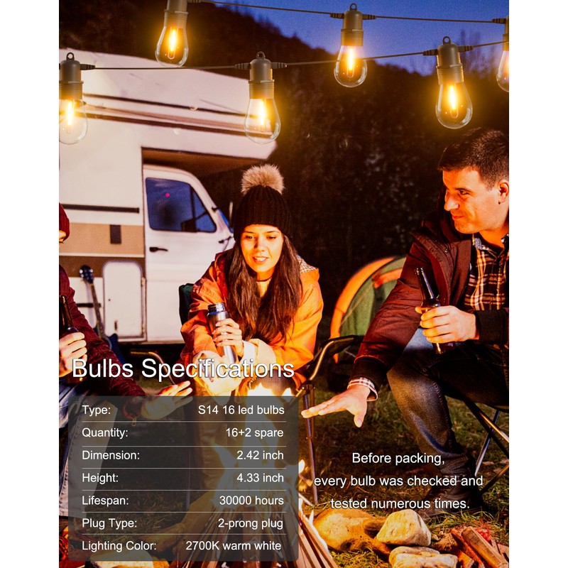 Jerritte 60FT LED Outdoor String Lights with 16+1 Edison Shatterproof