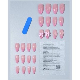 24-Piece Press On Nails Set, Medium Almond French Tips with Silver Glitter and Stars, Pink Nude, Includes Nail Glue and File (24-Piece Press On Nails Set, Pink French Manicure with Bow and Pearl Design, Medium Almond Shape)