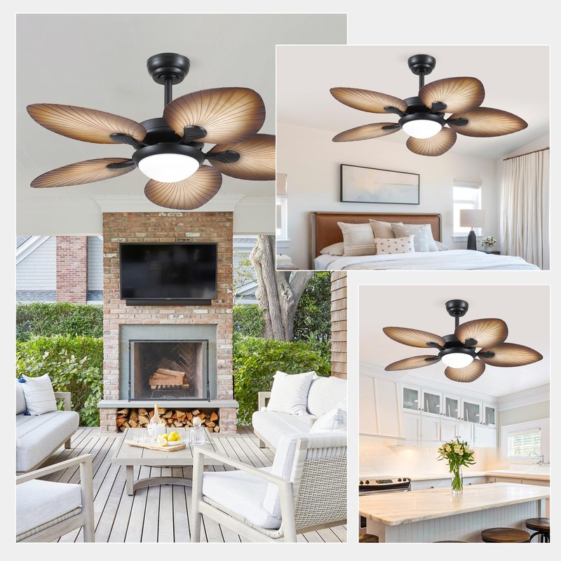 Tropical Ceiling Fans with Lights, 44 Inch Palm Leaf Outdoor