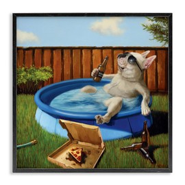 Stupell Industries French Bulldog Drinking Summer Pool Pet Humor, Designed by Lucia Heffernan Black Framed Wall Art, 12x12, Beige