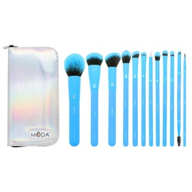 MODA Totally Electric Neon Blue Full Face Makeup Brush Kit – 13pc Vibrant Brush Set for Face & Eyes with Zip Case
