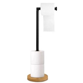 Toilet Roll Holder Free Standing Spare Roll Holder with Swivel Action Extra Storage Space saving Sleep Practical with SV Rubber Base Caravan Camping Hotel Tissue Roll Storage (Black with Wood Base)