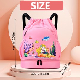 YOUYIKE Swimming Bag Children, Mermaid Sports Bag Girls with Drawstring, Waterproof Backpack with Bottom Compartment, 30 x 16 x 42 cm, Large Children's Gym Bag, Pink, Mermaid pink