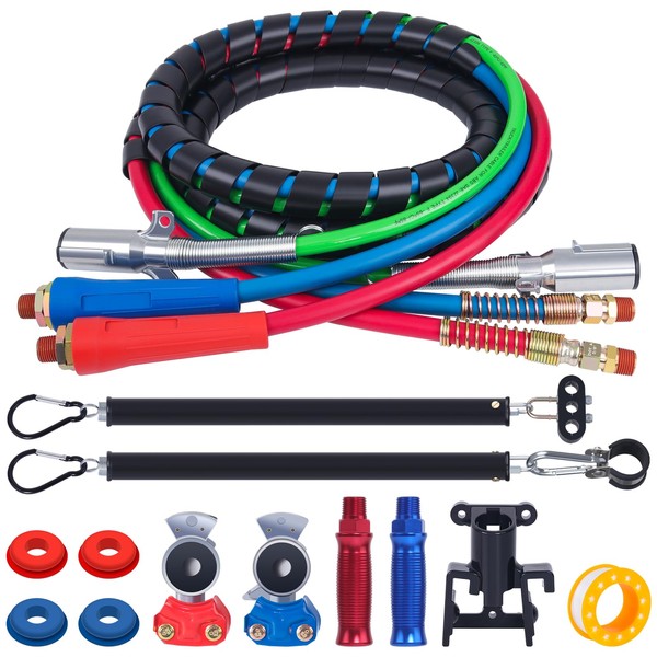 CheeMuii 12 FT Semi Truck Air Lines Kit with 2PCS 16" Single Tender Spring Kit Gladhands with Gladhand Holder and Handles 3IN1 Red & Blue Air Hoses ABS Electric Power Line Kit for Truck Trailer