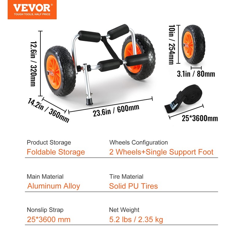 VEVOR Kayak Cart, 250lbs Load Capacity, Foldable Kayak Dolly Aluminum