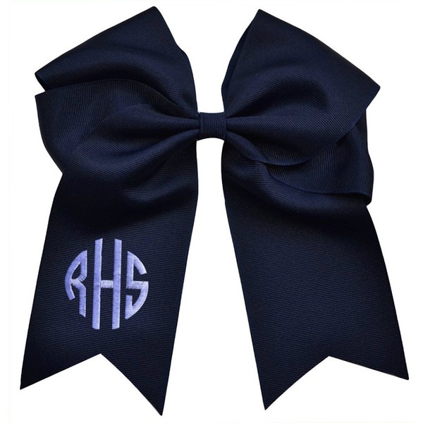 Funny Girl Designs Custom Circle Monogram Embroidered Elastic Ponytail Cheer Bow 7.5 Inches Long (Navy)