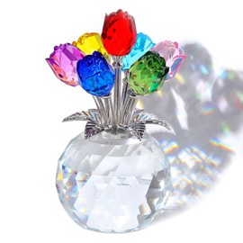 Arikyrist Crystal Colorful Rose Bouquet Figurine with Round Vase, Glass Rose Flower Romantic Gifts for Her Mom on Birthday, Collectible Decoration Table Centerpiece for Home
