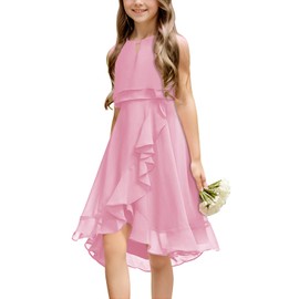 Galawaqe Kids A-Line Halter Neck Chiffon Junior Bridesmaid Dresses Girls Teen Wedding Elegant Party Fancy Gown 5-14T Pink