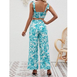 Floerns Women's 2 Piece Summer Boho Floral Print Knot Shoulder Zip Back Crop Cami Top and Maxi Pants Set Mint Blue and White L