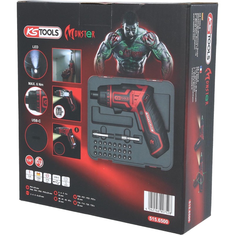 KS Tools 515.6500 eMONSTER 1/4 Inch Cordless Bit Screwdriver Set,