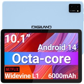 DigiLand Tablet 10.1 inch Android 14 Octa-Core Processor, OTG, 10GB+64GB+TF Expansion, 1280 * 800 IPS, Support Split-Screen, WiFi 6, BT5.0, Dual Camera 5MP+8MP, 6000mAh,Widevine L1 (Blue)