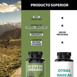 Beyond Vitamins | Aceite De Oregano Orgánico 100% Natural Con 88% Carvacrol | oil of oregano | Aceite Oregano Capsulas - Candida Cleanse Grado Alimenticio - Vitaminas Mujer / Hombre - (180 Cápsulas)