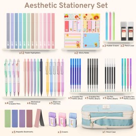 DazSirit 62 PCS Aesthetic Stationery Set with Foldable Pencil Case, 12 Pastel Highlighters, 4 Erasable Pens, 5 Gel Pens, 6 Mechanical Pencils, Sticky Notes – School Supplies for Girls & Teens (Blue)