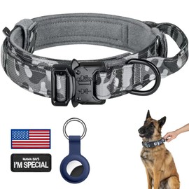 DAGANXI Tactical Dog Collar, Adjustable Military Training Nylon Dog Collar with Control Handle and Heavy Metal Buckle for Medium and Large Dogs, with Patches and Airtags Case (XXL, Camo)