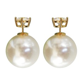 Navachi 18k Gold Plated Double Sided Crown White Big Ball Faux Pearl Beads Elegant Candy Az2886 Stud Earrings