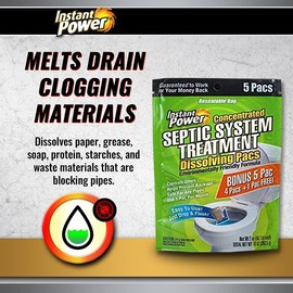 Instant Power Concentrated Septic System Treatment Dissolving Pacs, Controls Odors, Safe on Pipes, 5 Pacs