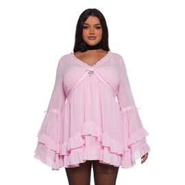 Dolls Kill Real Divinity Mini Dress by Sugar Thrillz - Heavenly Chiffon Dress with Tiered Bell Sleeves and Ruffled Trim, Light Pink S