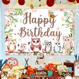 Balterever Owl Birthday Party Decorations for Girls Owl Happy Birthday Backdrop Banner Owl Woodland Birthday Party Supplies for Photography Background
