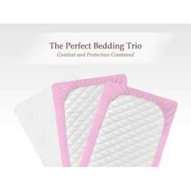 Next To Me Compatible Crib 3 Pack (83-85 x 50-51 cm) - 2x 100% Pure Cotton Crib Fitted Sheets & 1 Waterproof Mattress Protector with 150 GSM Terry Fabric (Pink)