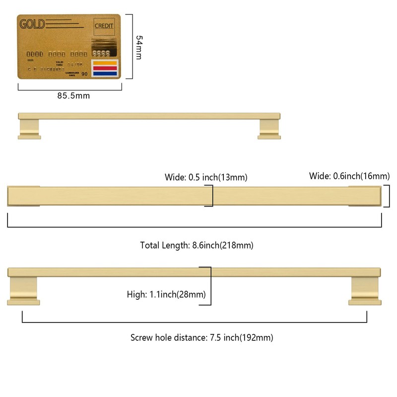 Amerdeco 10 Pack Brushed Gold Cabinet Pulls 7.5"/192MM Hole Center
