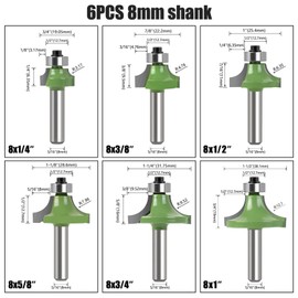 Pack of 6 Rounding Cutters 8 mm Shank, Carbide Radius Cutter with Ball Bearing, Round Over Cutter Bits, Router Bits, Round Cutter for Carpentry, Chamfering, Woodworking Trimming (8 mm)