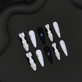 GREENTEA Handmade Nail Snake print Stiletto Press On Nails, Black and White Honeycomb Pattern, Long Tip Style 10 Pieces，Size-M