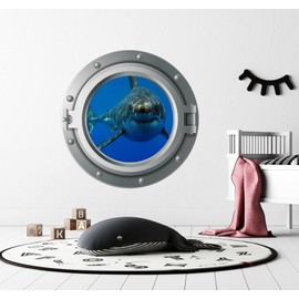 Niwo ART - Shark B, Sea Porthole Under Water Submarine 3D Decal, Peel and Stick Self-Adhesive Wall Sticker (30 inches)
