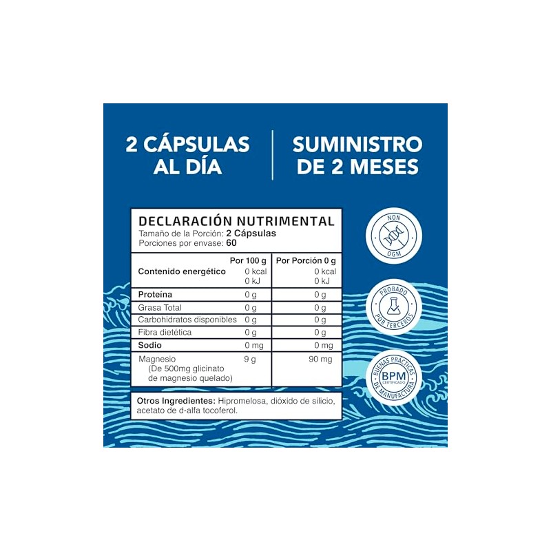 Glicinato Magnesio 500 Alta Absorción Vegano 120 Cápsulas Mejora Sueño
