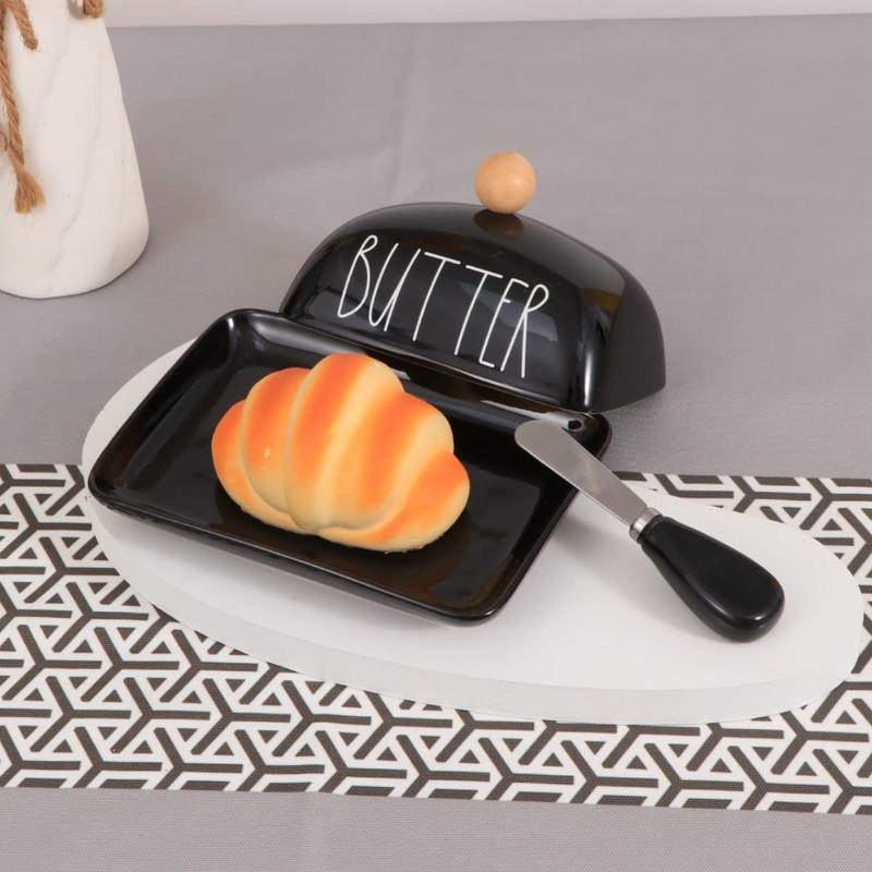 oskas Farmhouse Porcelain Black Butter Dish with Lid and Knife