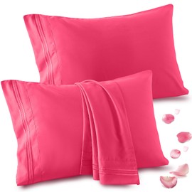 Vonty 2 Pack Standard Pillow Cases - 20x26 Inch, 1800 Thread Count Microfiber Pillowcases Standard Size Hot Pink Pillow Cases Luxury & Soft Embroidered Bed Pillow Covers with Envelope Closure