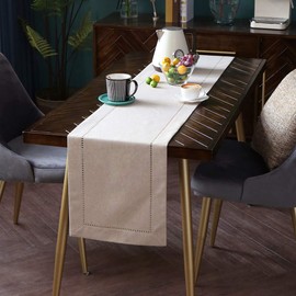 Exquisite Linen Fabric Exquisite Laser Cut Pattern Table Runner Beige Orange Green Coffee Color Grey Optional (Beige, 35 x 220 cm)