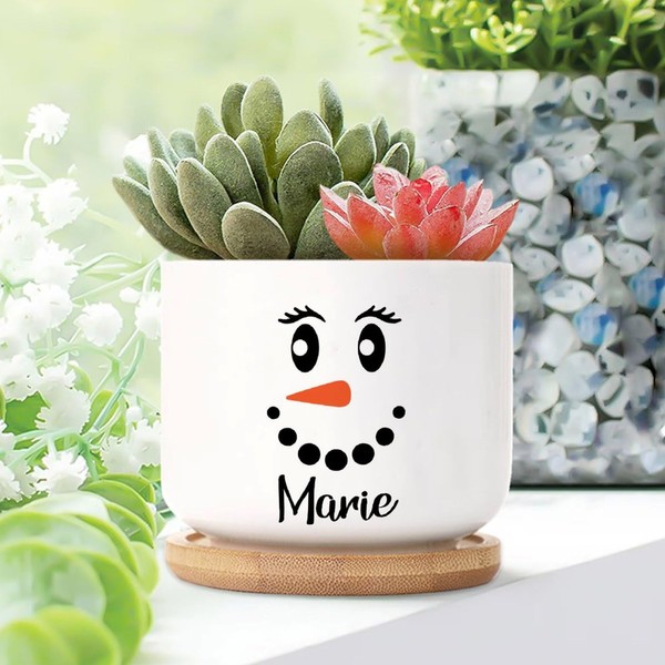 DecStic Snowman Face Custom Name Planters Ceramic Saying Quotes Round