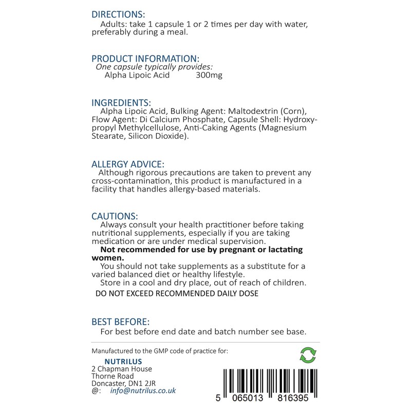 Alpha Lipoic Acid 120 Capsules 300mg - 50:50 Blend of