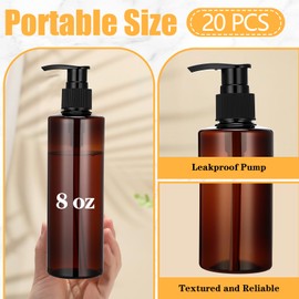 Thyle 20 Pcs Plastic Pump Dispenser Bottle 8 oz Refillable Plastic Bottles Bulk Lotion Container Travel Lock Empty Container for Shampoo Massage Oil Dispensing(Brown)