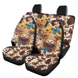 Allcute Cute Sunflower Highland Cow Car Front & Rear Seat Covers Full Set for SUV Trucks Van Sedan Easy to Install Automotive Backrest Bench Seat Cover Brown Durable Novelty Car Accessories