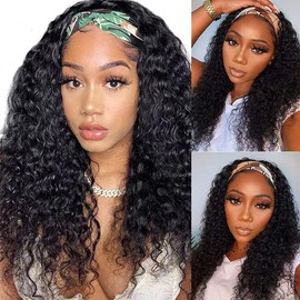 Headband Wig for Black Woman 20 inch Brazilian Human Hair Wigs Deep Curly Wave Headband Wig Perruque Femme Humain Naturel Natural Color